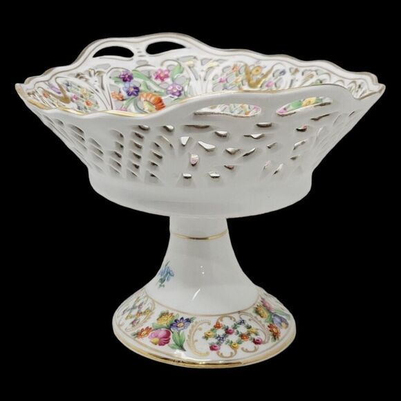 Dresden Schumann Bavaria Candy Fruit Footed Pedestal Oval Floral Bowl Compote - Picture 5 of 16